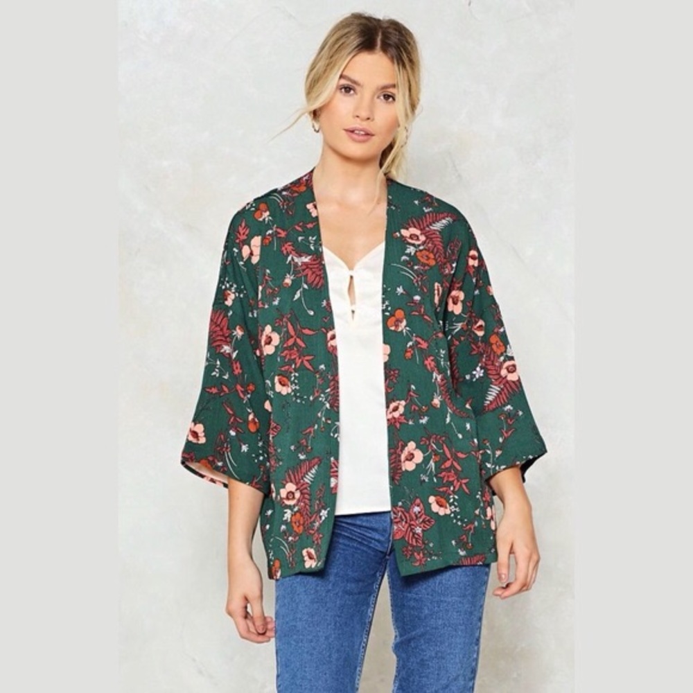 Forest green floral kimono (T3/L) (Cherry Paris)